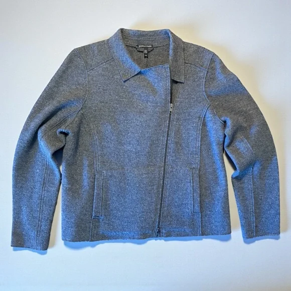 Eileen Fisher Wool Alpaca Herringbone Motorcycle Jacket Medium Moon Gray  Moto - Picture 2 of 12